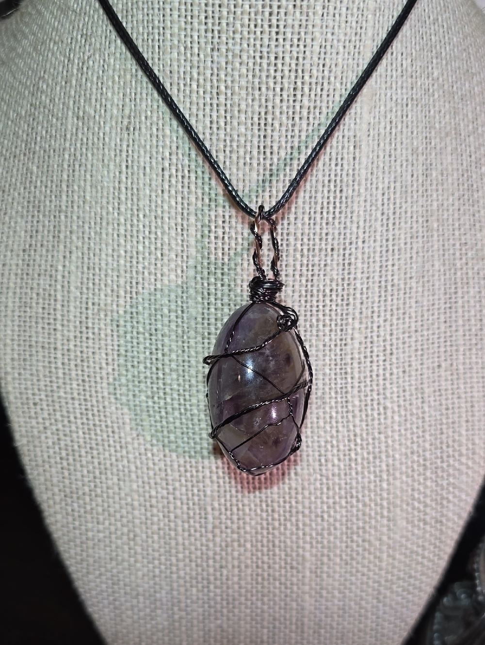 Handcrafted Black Wire-Wrapped Chevron Amethyst Pendant (Reiki Healing Energy)